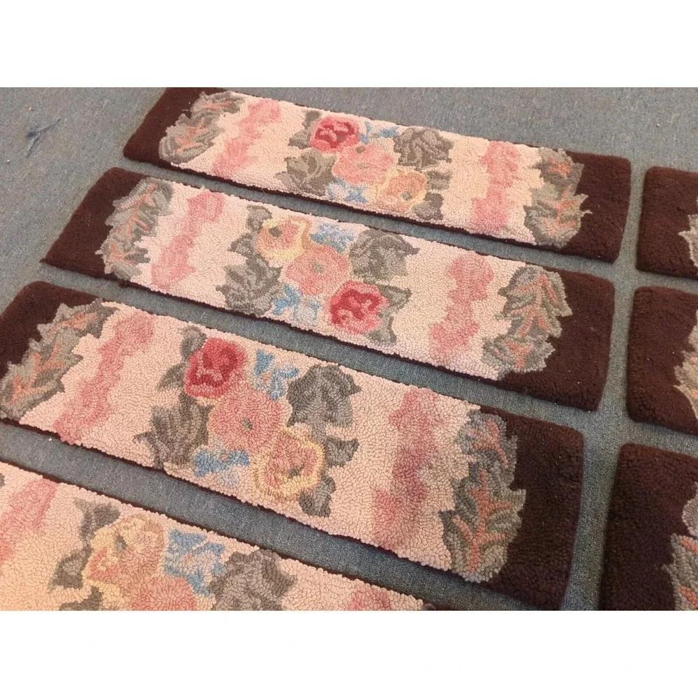 10 Antique Primitive Country Handmade‎ Hook Wool Hooked Stair Treads Floral Rug